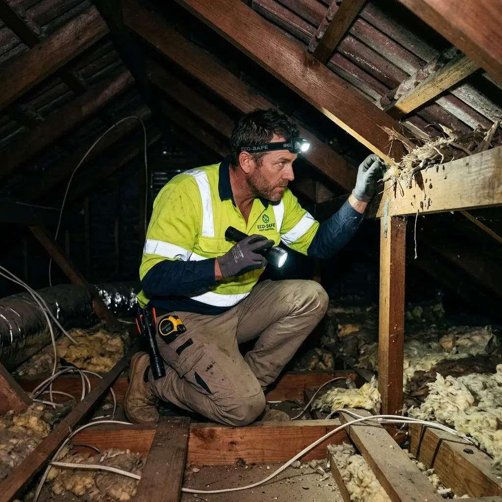 Technician inspecting a roof cavity for a dead animal in Ferny Creek