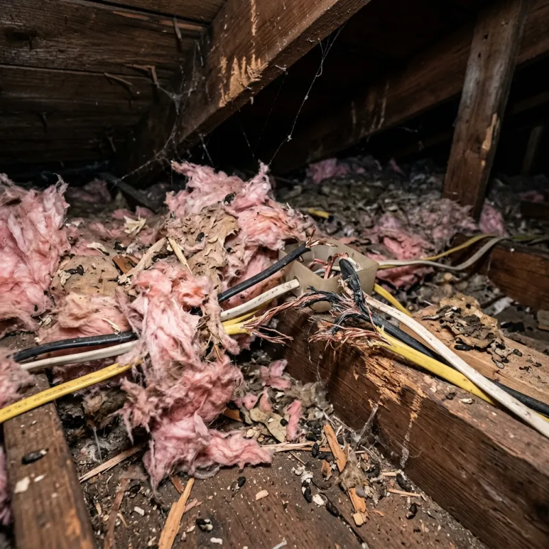 Contaminated ceiling insulation being assessed in a Ferny Creek roof space